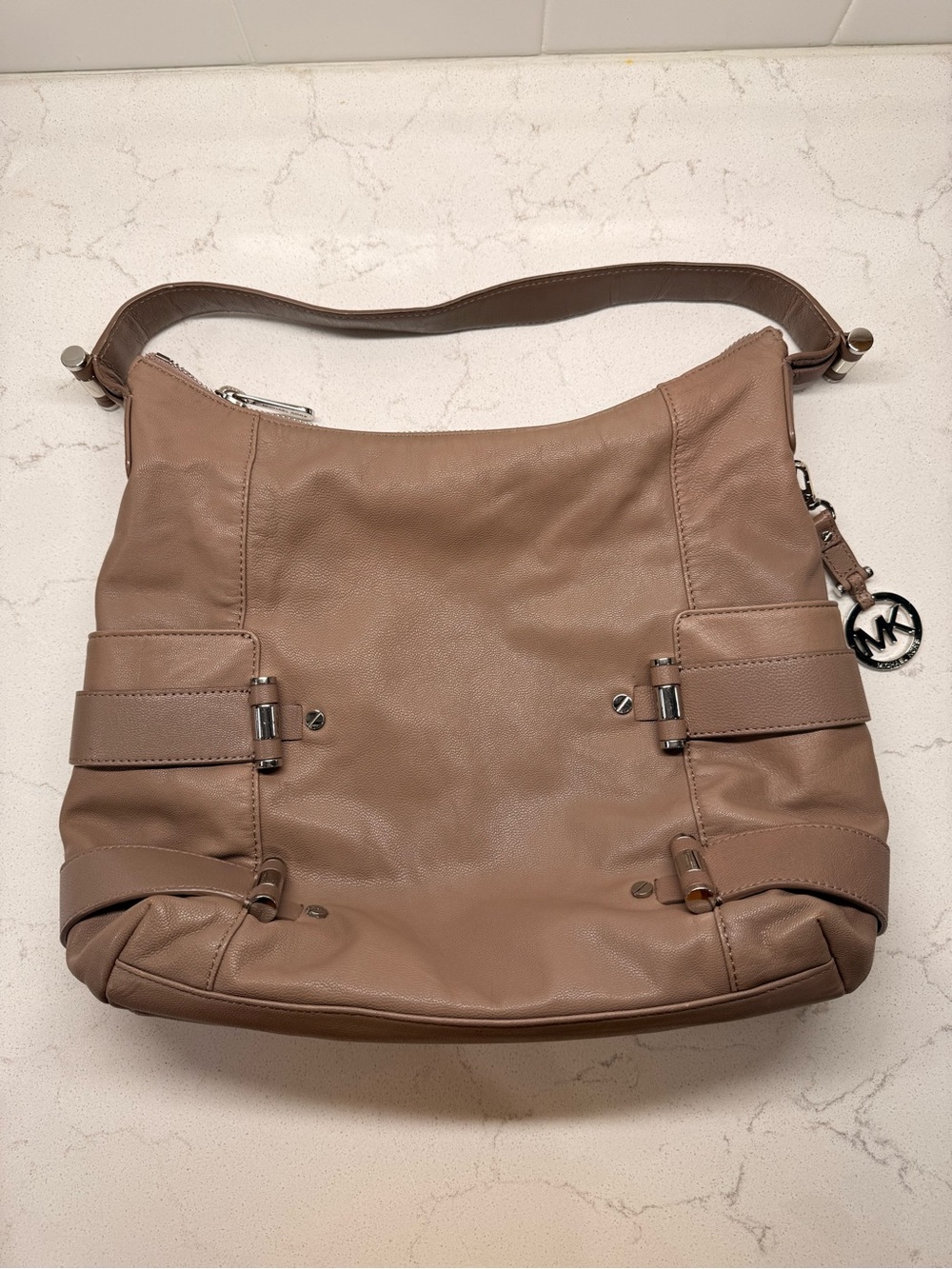 Michael Kors Taupe Pebbled Leather Shoulder Hobo with MK Charm
